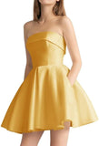 Women's Strapless Satin Short Prom Dresses with Pocket A Line Glitter Homecoming Dress Short Evening Party Ball Gown