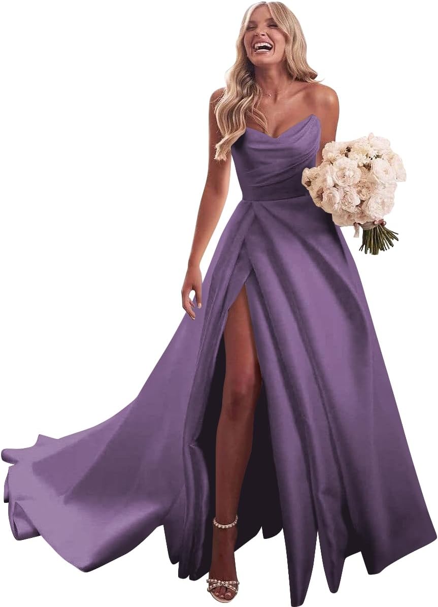 Strapless Satin Prom Wedding Dresses with Slit Long Pleats Formal Ball Bridal Gowns with Pockets