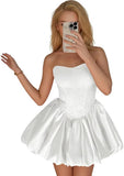 Strapless Satin Homecoming Dresses for Teens Jacquard Short Prom Dress A-line Cocktail Party Gowns with Pockets