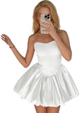 Strapless Satin Homecoming Dresses for Teens Jacquard Short Prom Dress A-line Cocktail Party Gowns with Pockets