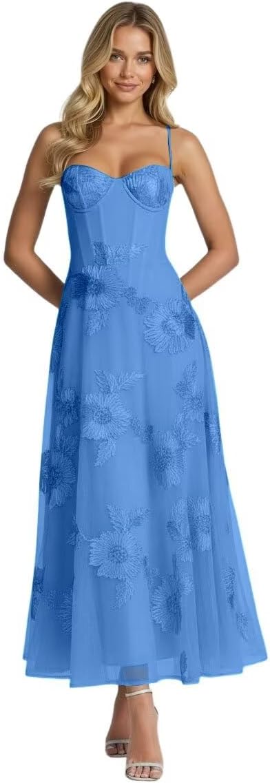 Jacquard Tulle Prom Dresses Spaghetti Straps Formal Evening Party Dress Tea Length