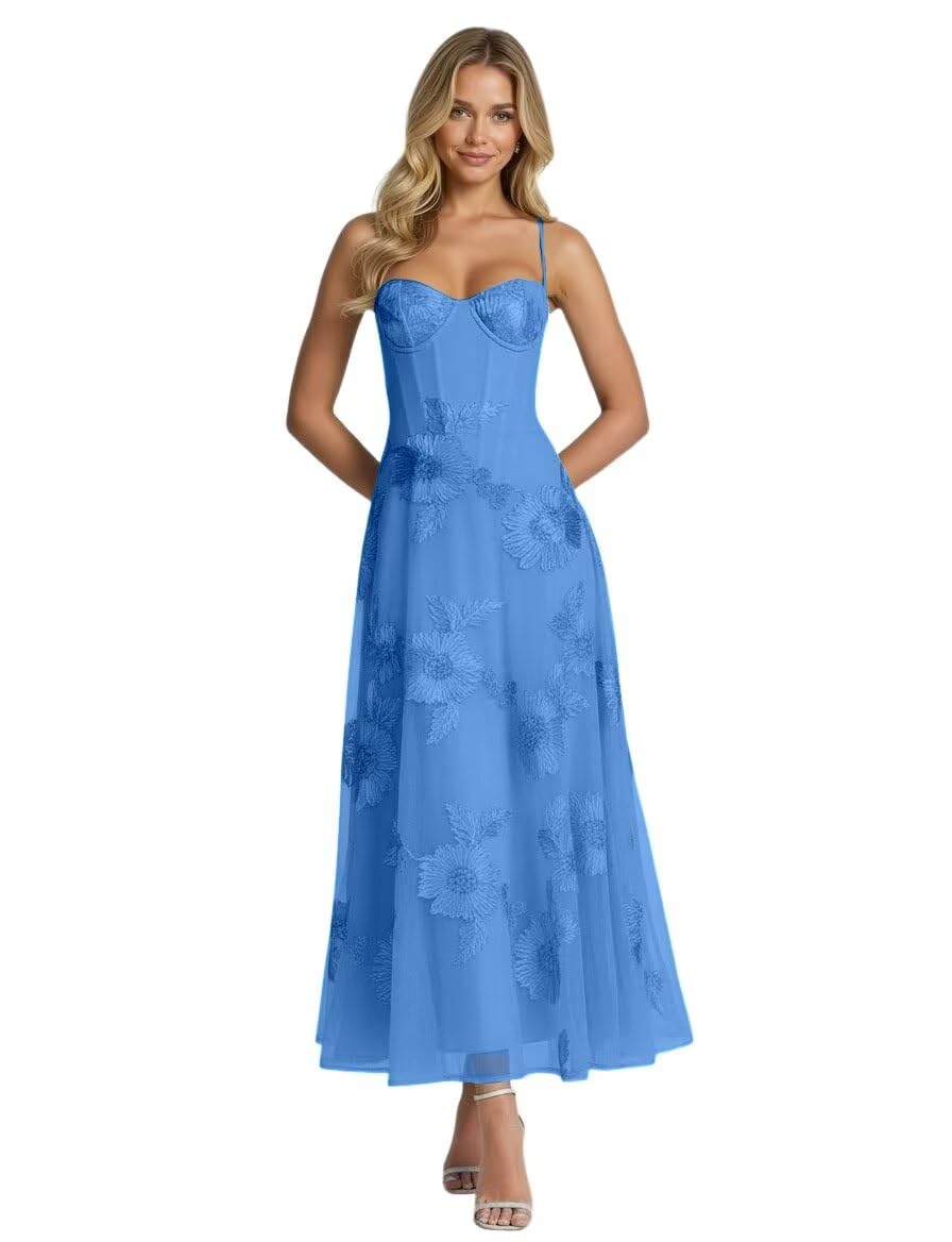 Jacquard Tulle Prom Dresses Spaghetti Straps Formal Evening Party Dress Tea Length