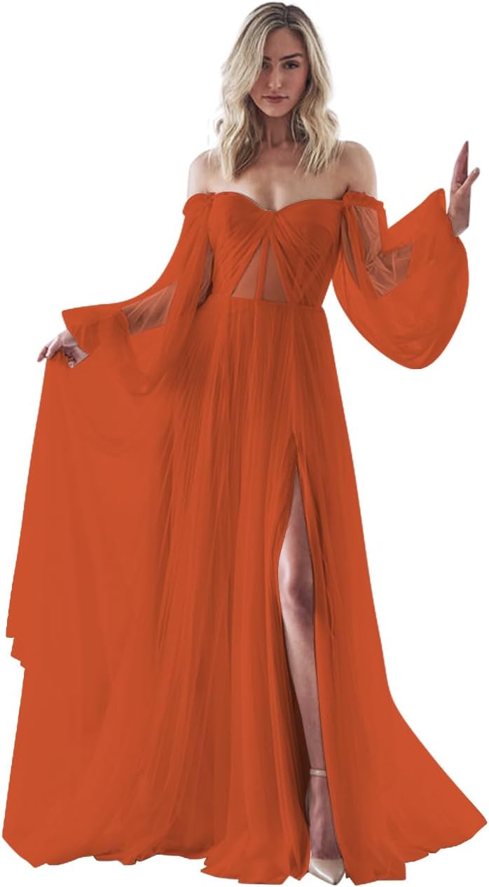 Women's Puffy Long Sleeve Prom Dresses with Slit Off Shoulder Tulle Wedding Formal Evening Gowns