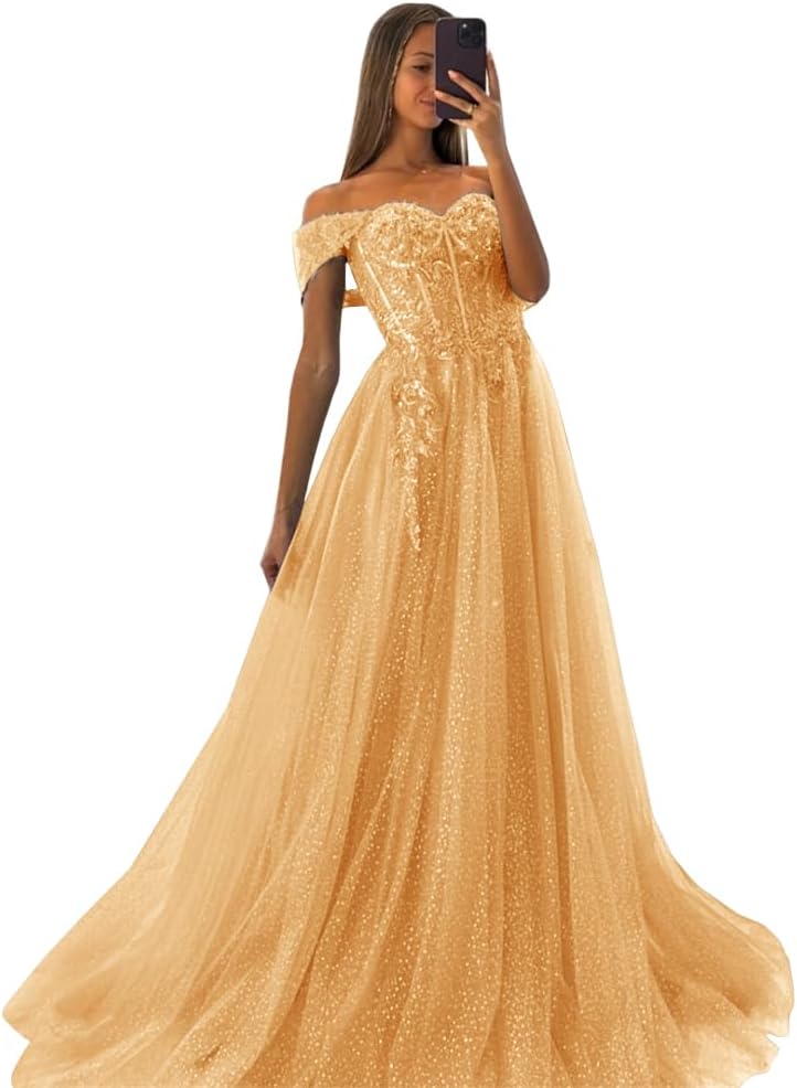 Off The Shoulder Tulle Prom Dresses 2027 Lace Applique A Line Long Sparkly Formal Evening Party Gowns