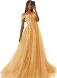 Off The Shoulder Tulle Prom Dresses 2027 Lace Applique A Line Long Sparkly Formal Evening Party Gowns