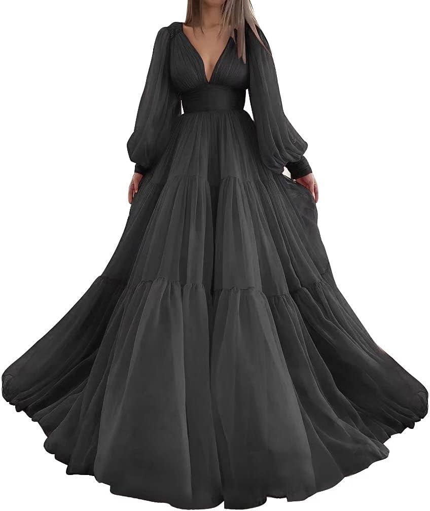 Langes Ballkleid mit Puffärmeln, Tüll, Ballkleid für Damen, Brautkleider, V-Ausschnitt, formelle Abendkleider