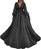 Langes Ballkleid mit Puffärmeln, Tüll, Ballkleid für Damen, Brautkleider, V-Ausschnitt, formelle Abendkleider