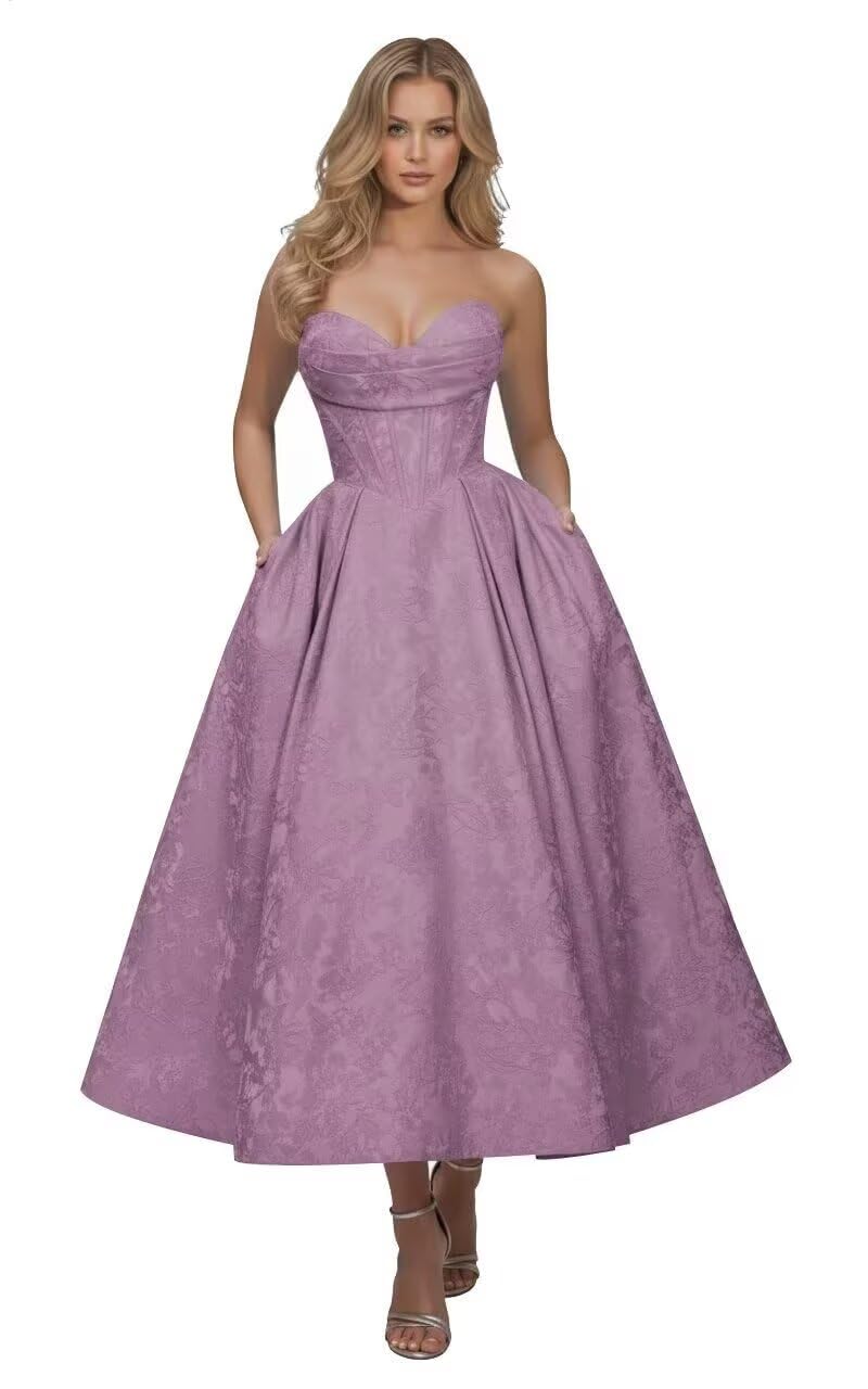 Strapless Floral Satin Prom Dresses for Women 2026 Jacquard Aline Formal Evening Party Dress with Pockets