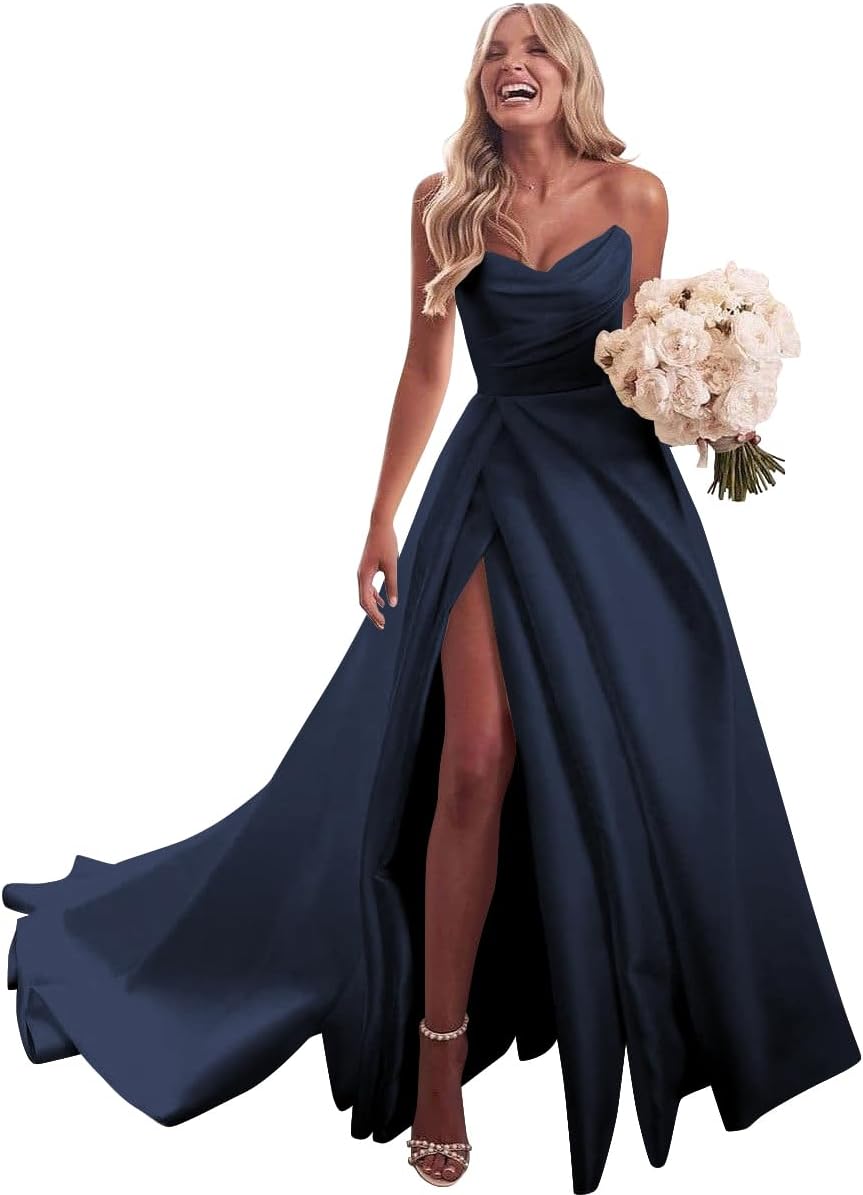 Strapless Satin Prom Wedding Dresses with Slit Long Pleats Formal Ball Bridal Gowns with Pockets