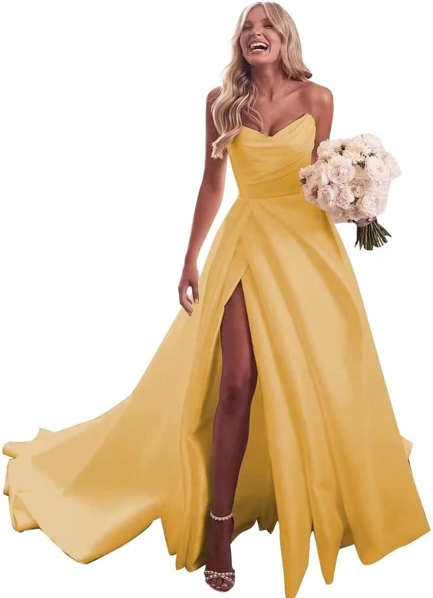 Trägerloses Ballkleid, langes Ballkleid, Satin-Brautkleid für die Braut, A-Linie, formelle Abendkleider mit Schlitz 