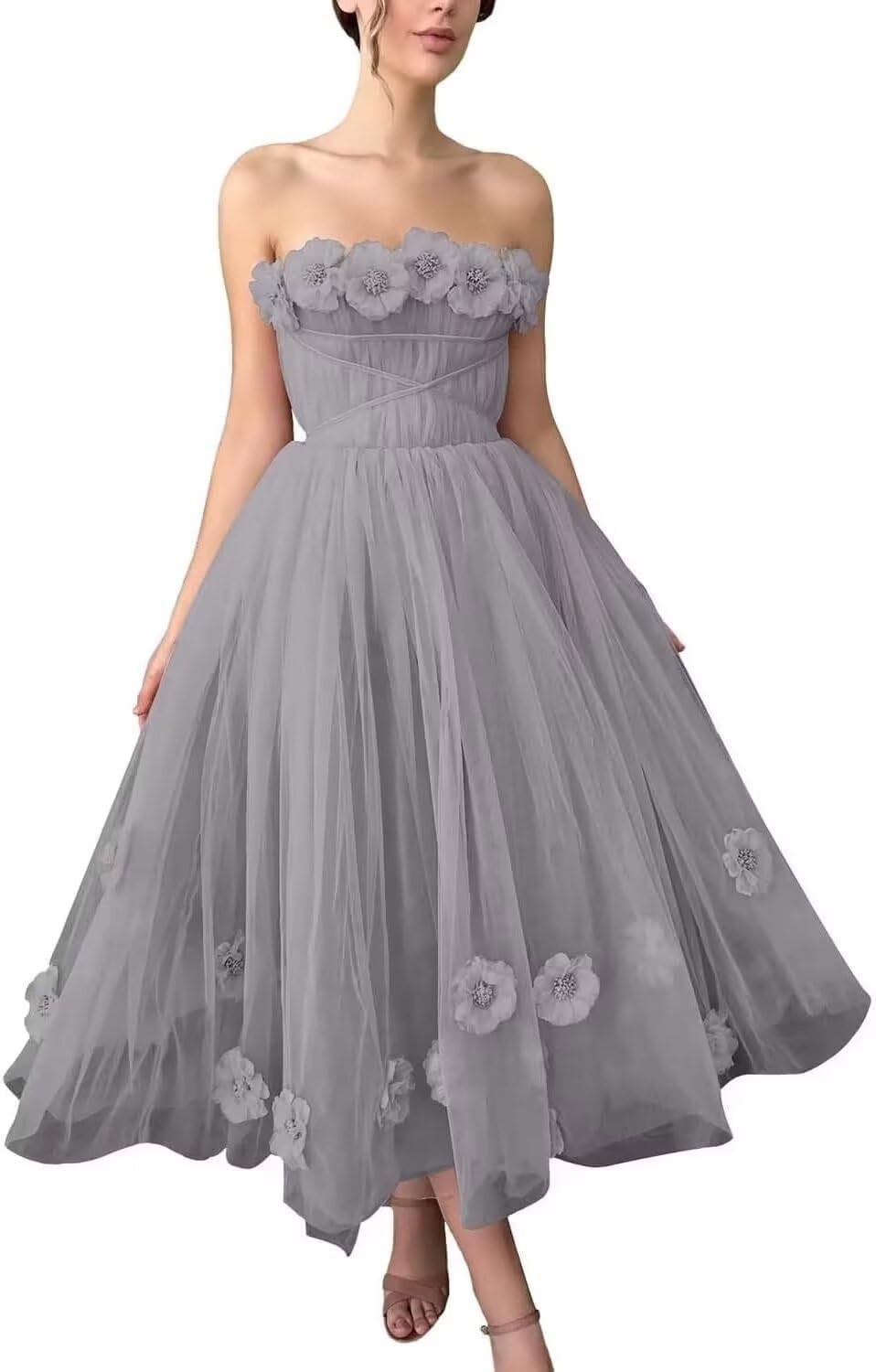 Women's 3D Flower Off Shoulder Tea Length Whimsical Prom Dress, A Line Strapless Tulle Formal Evening Party Gown