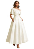 Kingbridal Satin Mother of The Bride Dresses for Women Tea Length Formal Dress One Shoulder Evening Party Gowns with Pockets
