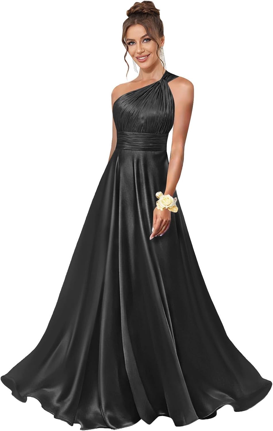 One Shoulder Bridesmaid Dresses for Women Satin Pleated A Line Long Formal Prom Dress with Pockets