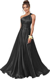 One Shoulder Bridesmaid Dresses for Women Satin Pleated A Line Long Formal Prom Dress with Pockets