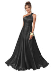 One Shoulder Bridesmaid Dresses for Women Satin Pleated A Line Long Formal Prom Dress with Pockets