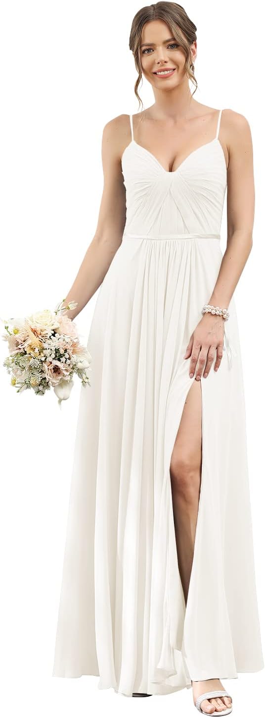 Vestidos de dama de honor largos con tirantes finos y bolsillos, plisados, formales, de noche, con abertura 