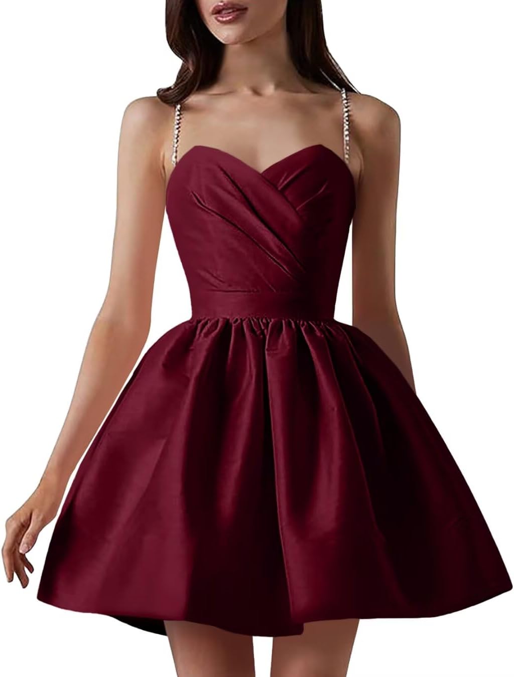 Satin Homecoming Dresses for Teens Spaghetti Straps Short Prom Dress A-Line Cocktail Wedding Guest Dress