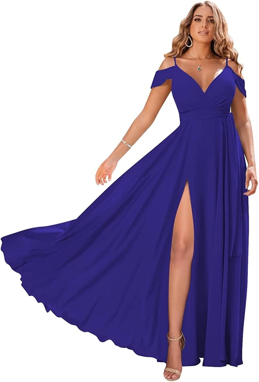 Schulterfreie Brautjungfernkleider 2025 für Frauen, langes Chiffon-Abendkleid mit V-Ausschnitt und Schlitz