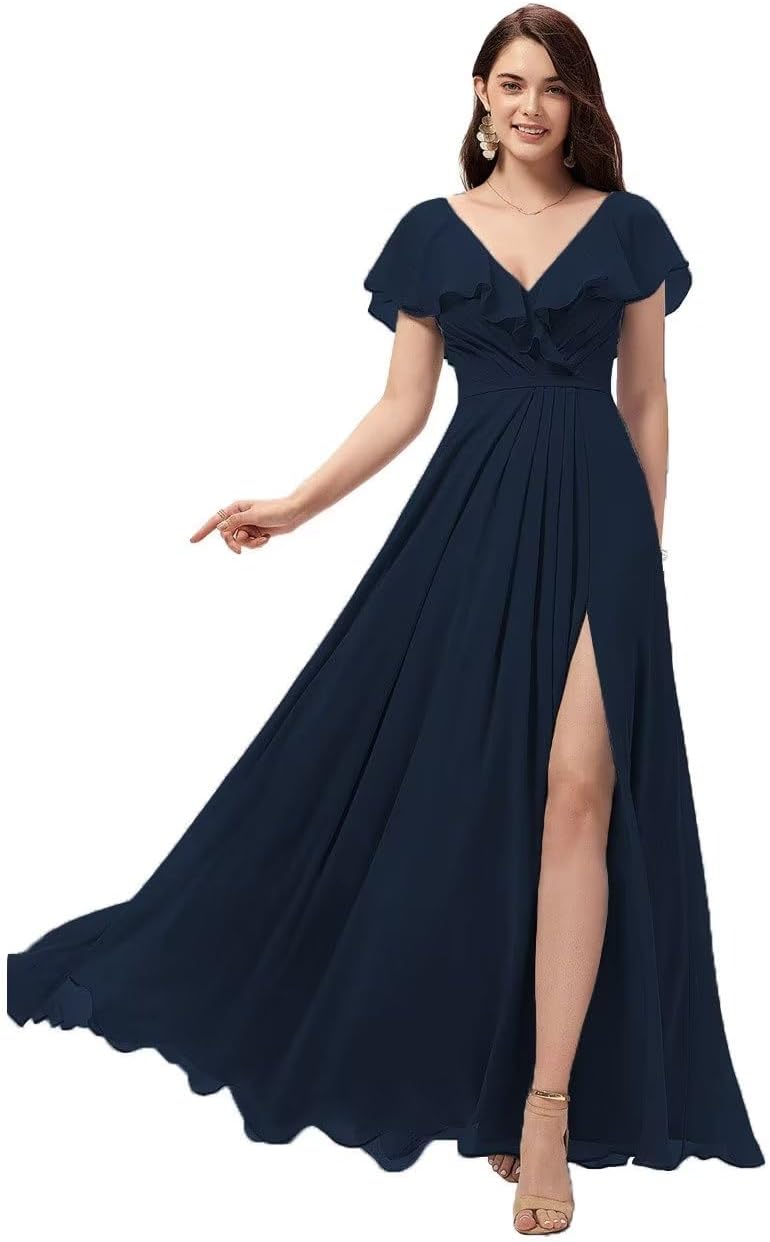 Vestidos de dama de honor largos con escote en V y volantes de gasa para mujer, vestidos de noche formales