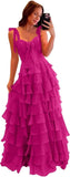 Tiered Prom Dresses with Bow Long A-Line Chiffon Formal Evening Dress for Women Spaghetti Straps Slit Ball Gown
