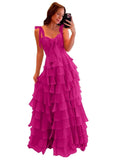 Tiered Prom Dresses with Bow Long A-Line Chiffon Formal Evening Dress for Women Spaghetti Straps Slit Ball Gown