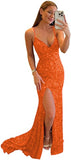 Women's Spaghetti Straps Sequin Prom Dresses Mermaid Sleeveless Double V-Neck Sparkle Evening Dress with Slit