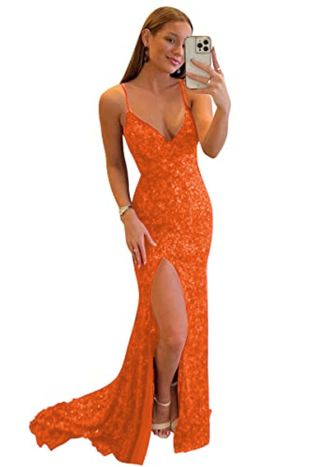 Women's Spaghetti Straps Sequin Prom Dresses Mermaid Sleeveless Double V-Neck Sparkle Evening Dress with Slit