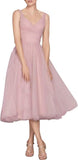 Tea Length A-Line V Neck Formal Evening Party Gowns for Women Sleeveless Puffy Midi Tulle Cocktail Prom Dress