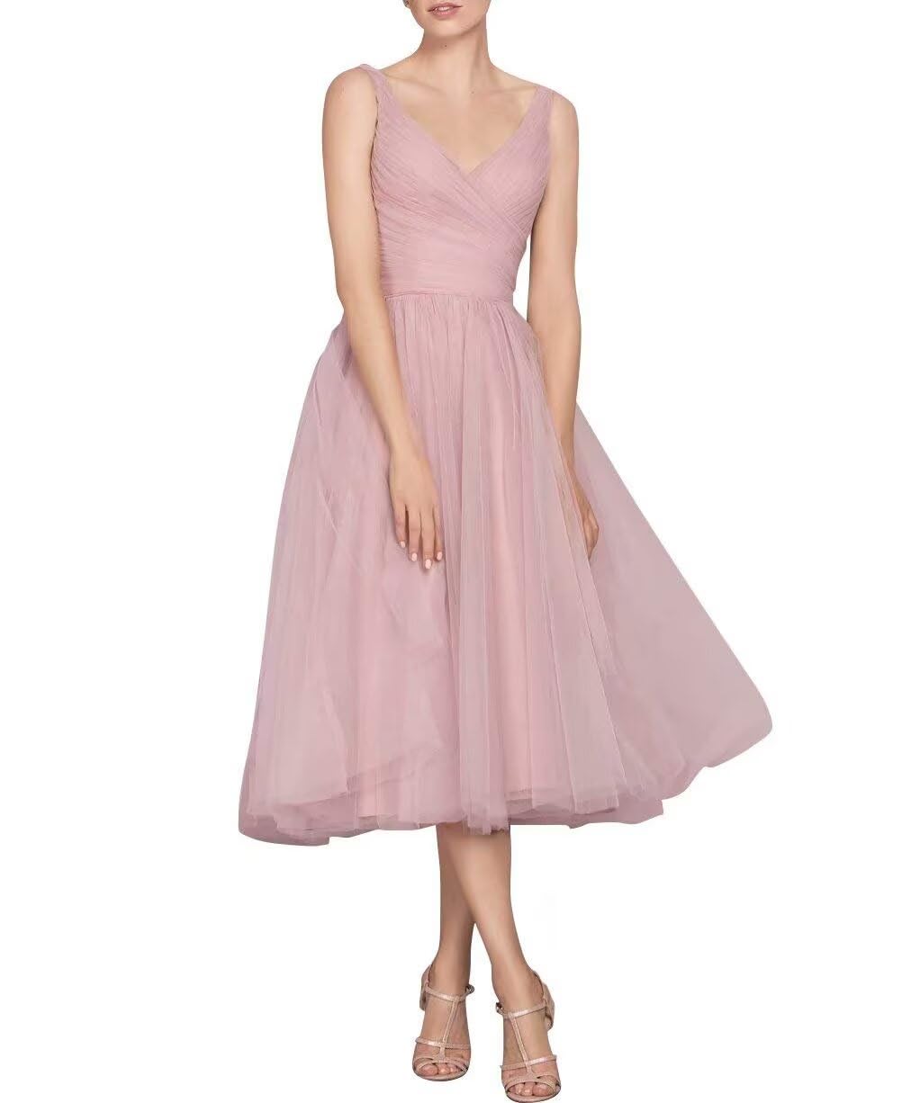 Tea Length A-Line V Neck Formal Evening Party Gowns for Women Sleeveless Puffy Midi Tulle Cocktail Prom Dress