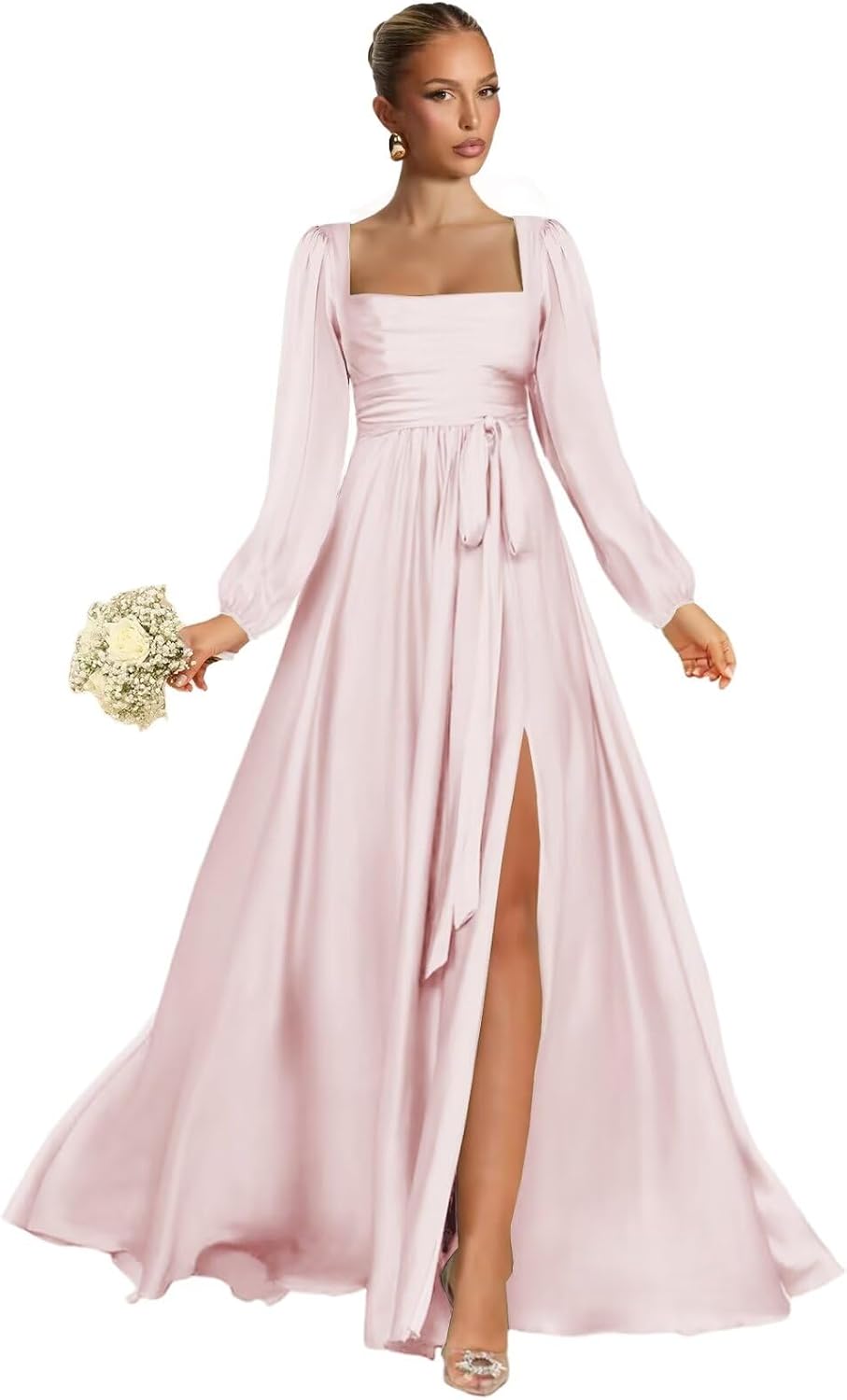 Satin Bridesmaid Dresses with Slit Long Sleeve Square Neck A Line Maxi Formal Dress