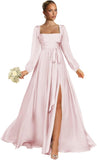 Satin Bridesmaid Dresses with Slit Long Sleeve Square Neck A Line Maxi Formal Dress
