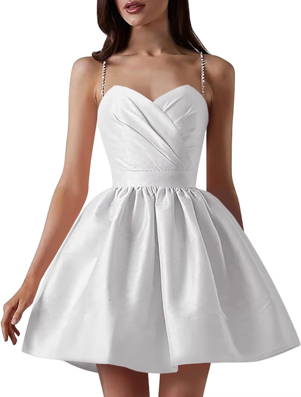 Satin Homecoming Dresses for Teens Spaghetti Straps Short Prom Dress A-Line Cocktail Wedding Guest Dress
