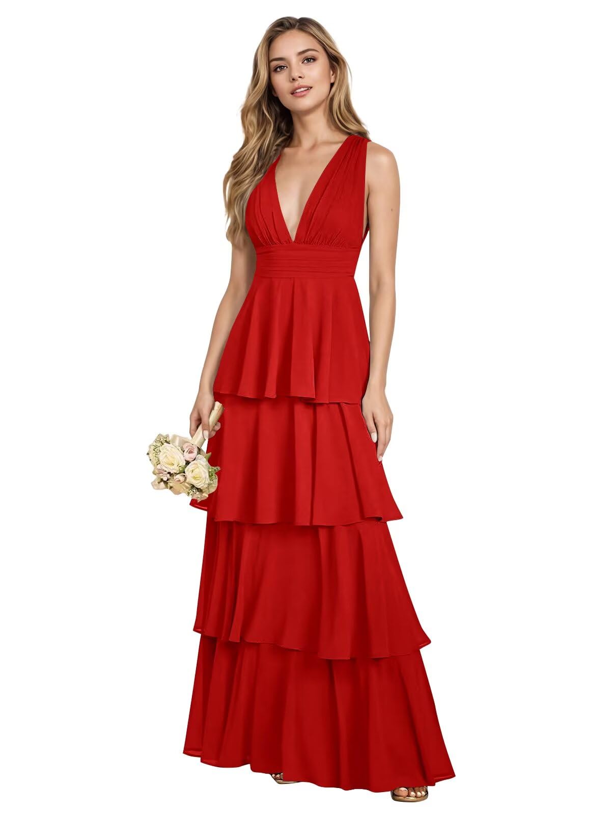 V Neck Chiffon Bridesmaid Dresses for Women 2027 Long Tiered A-Line Ruffles Formal Evening Party Dress