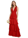 V Neck Chiffon Bridesmaid Dresses for Women 2027 Long Tiered A-Line Ruffles Formal Evening Party Dress