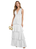 V Neck Chiffon Bridesmaid Dresses for Women 2027 Long Tiered A-Line Ruffles Formal Evening Party Dress