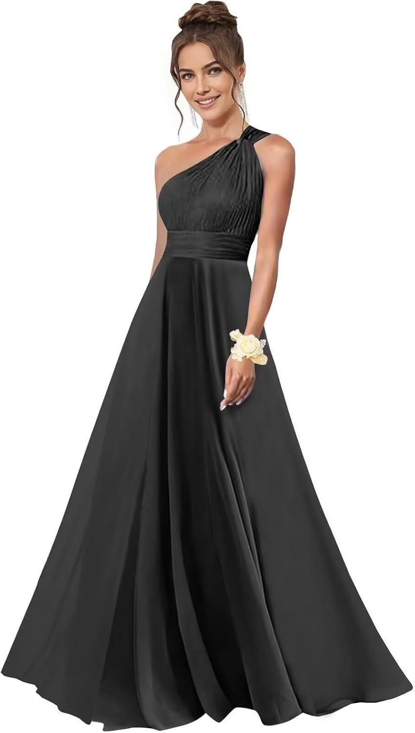 One Shoulder Bridesmaid Dresses for Women Chiffon A Line Pleated Long Formal Gowns with Pockets