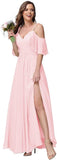 Women's Long Spaghetti Straps Bridesmaid Dress with Slit Off Shoulder Chiffon Formal Party Gowns