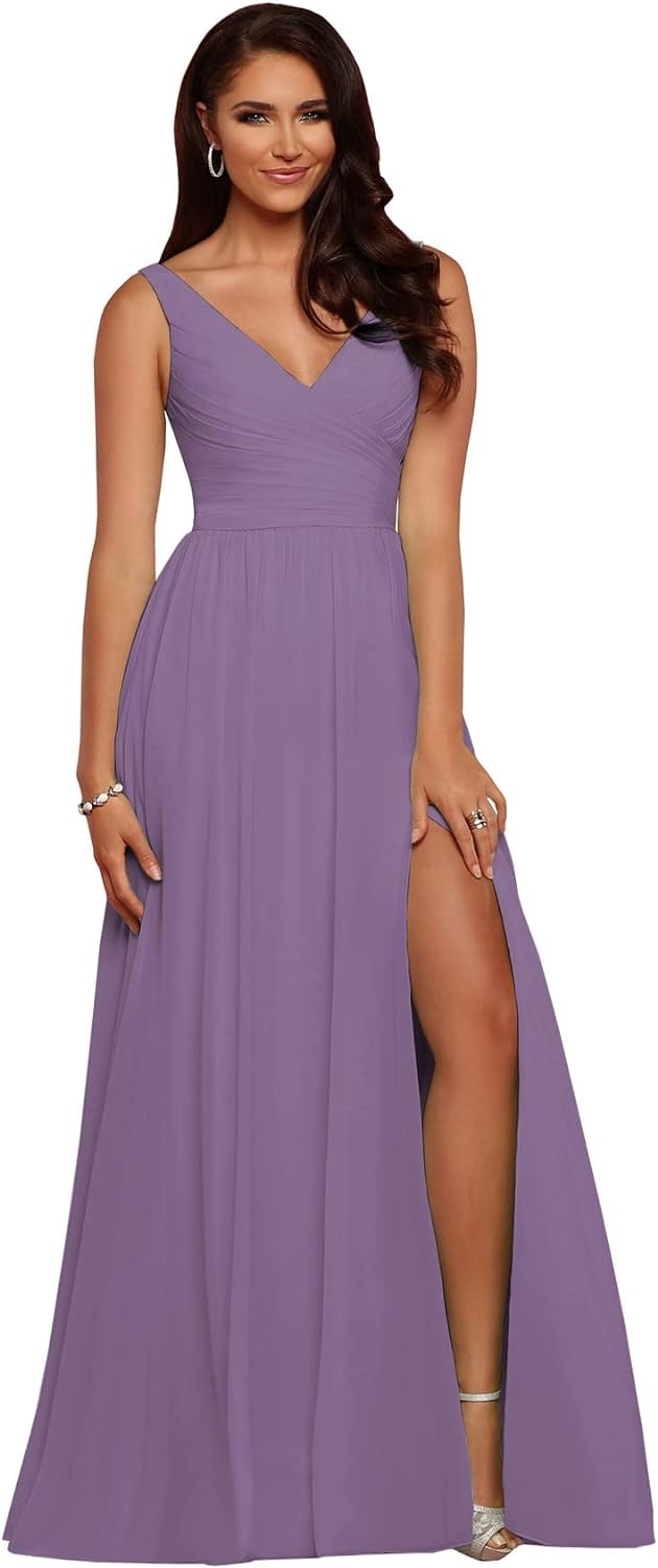 Vestidos de dama de honor largos con escote en V y abertura en gasa, corte A, plisados, para noche, fiesta formal