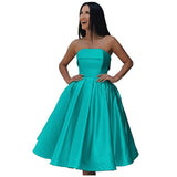 Tea Length Satin Cocktail Party Dresses for Women, Strapless Formal Evening Prom Gown Homecoming Graduation Dresses