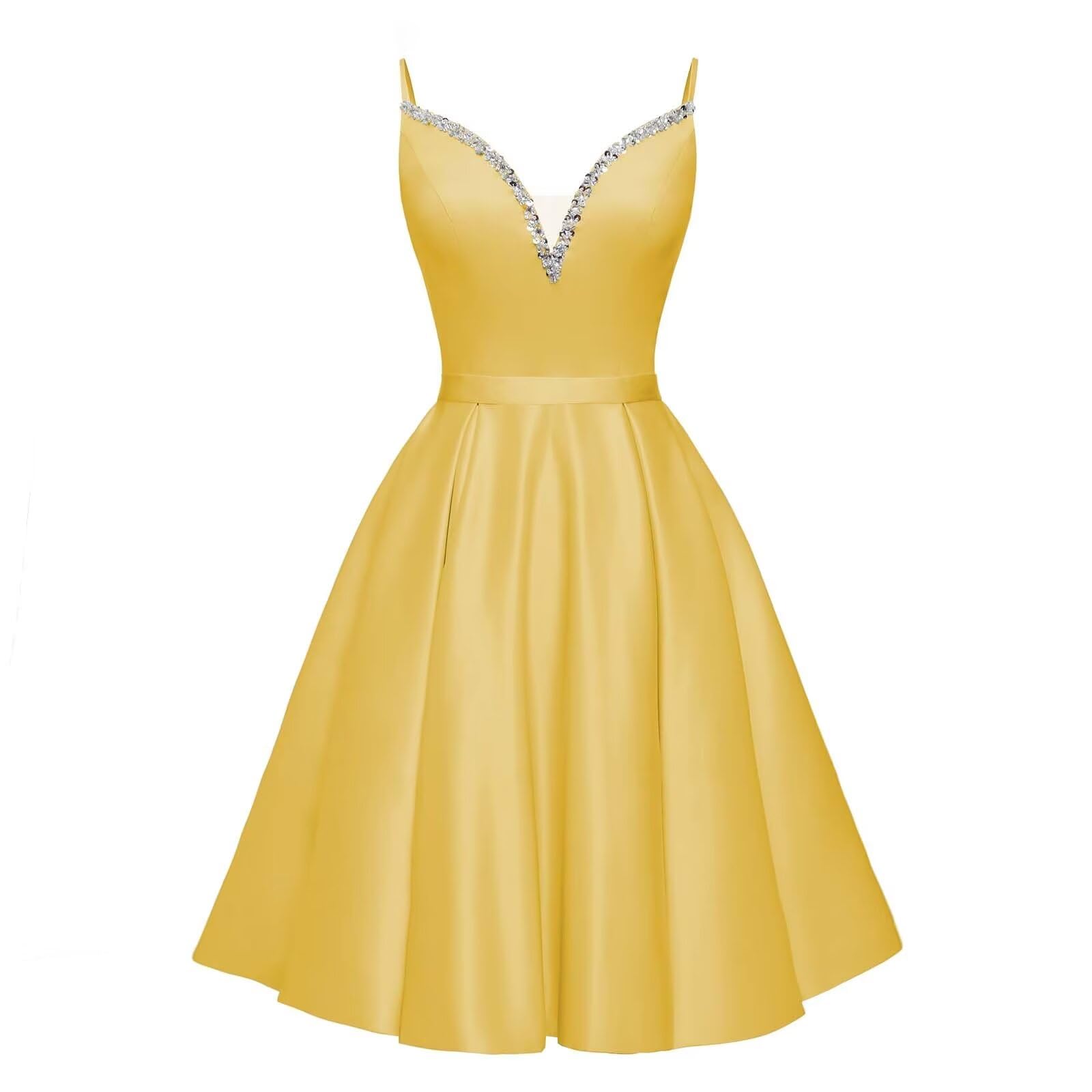 Spaghetti Straps Satin Homecoming Dresses for Teens V-Neck Short Prom Dress A-Line Beaded Cocktail Party Gowns
