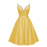 Spaghetti Straps Satin Homecoming Dresses for Teens V-Neck Short Prom Dress A-Line Beaded Cocktail Party Gowns