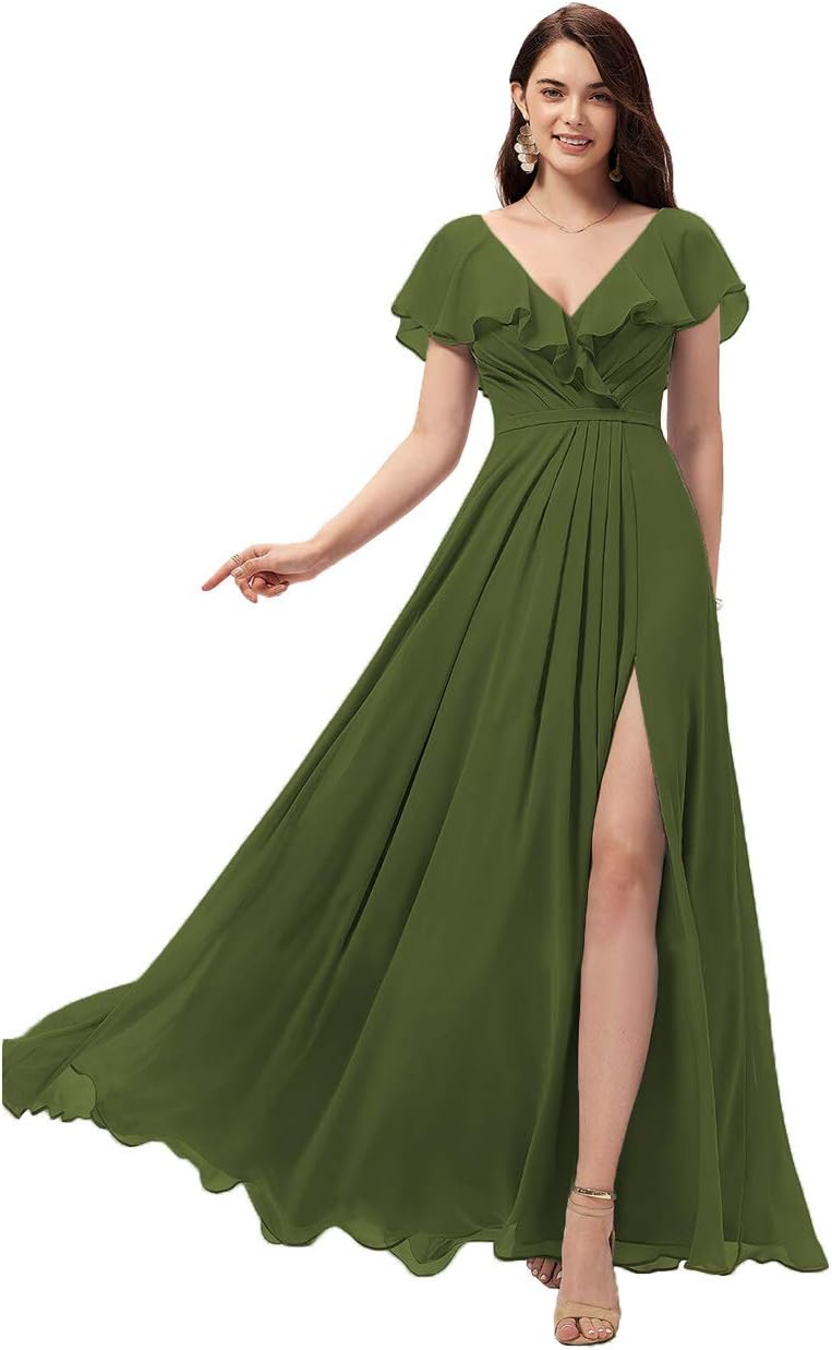 Vestidos de dama de honor largos con escote en V y volantes de gasa para mujer, vestidos de noche formales