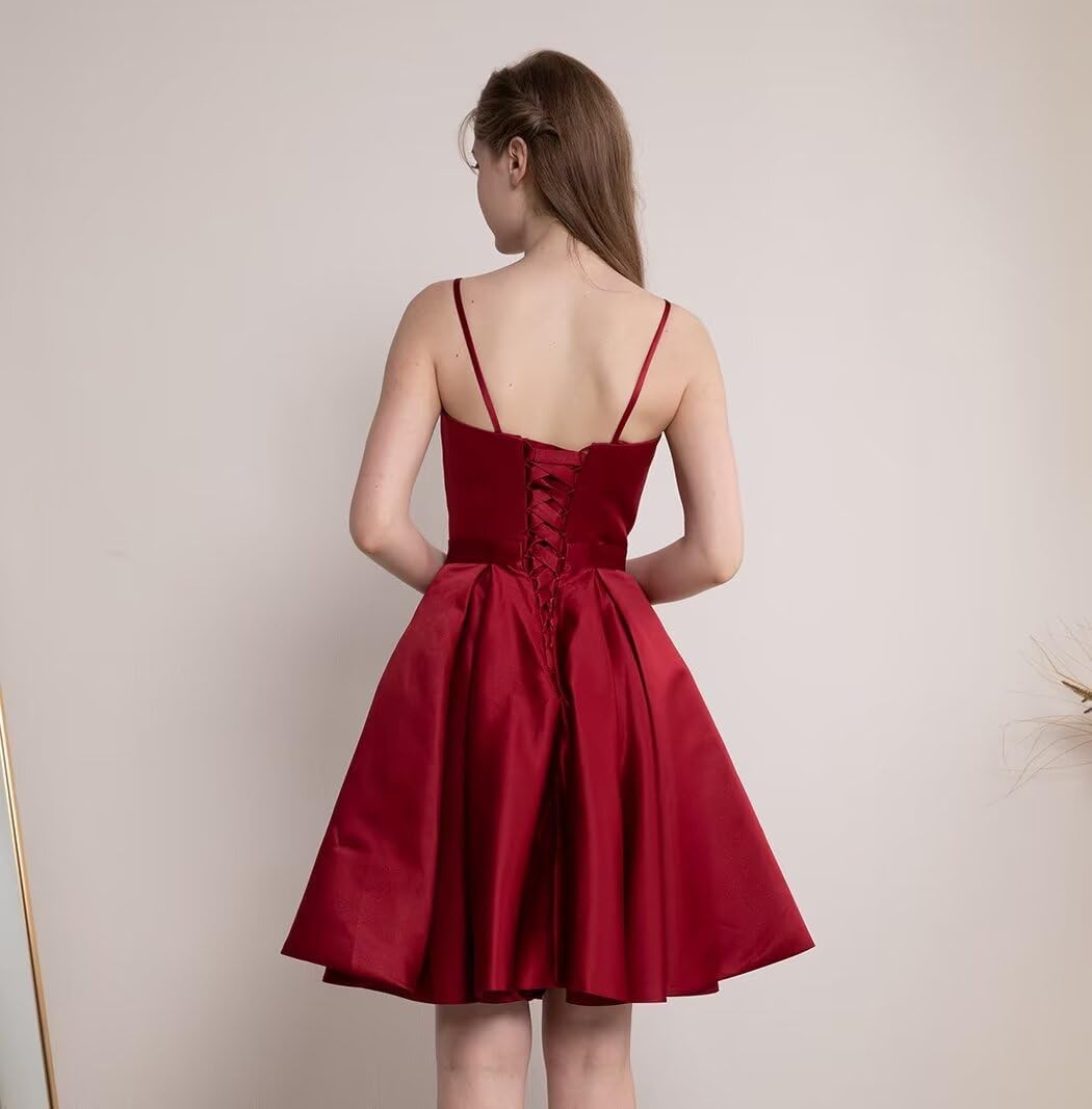 Spaghetti Straps Satin Homecoming Dresses for Teens V-Neck Short Prom Dress A-Line Beaded Cocktail Party Gowns