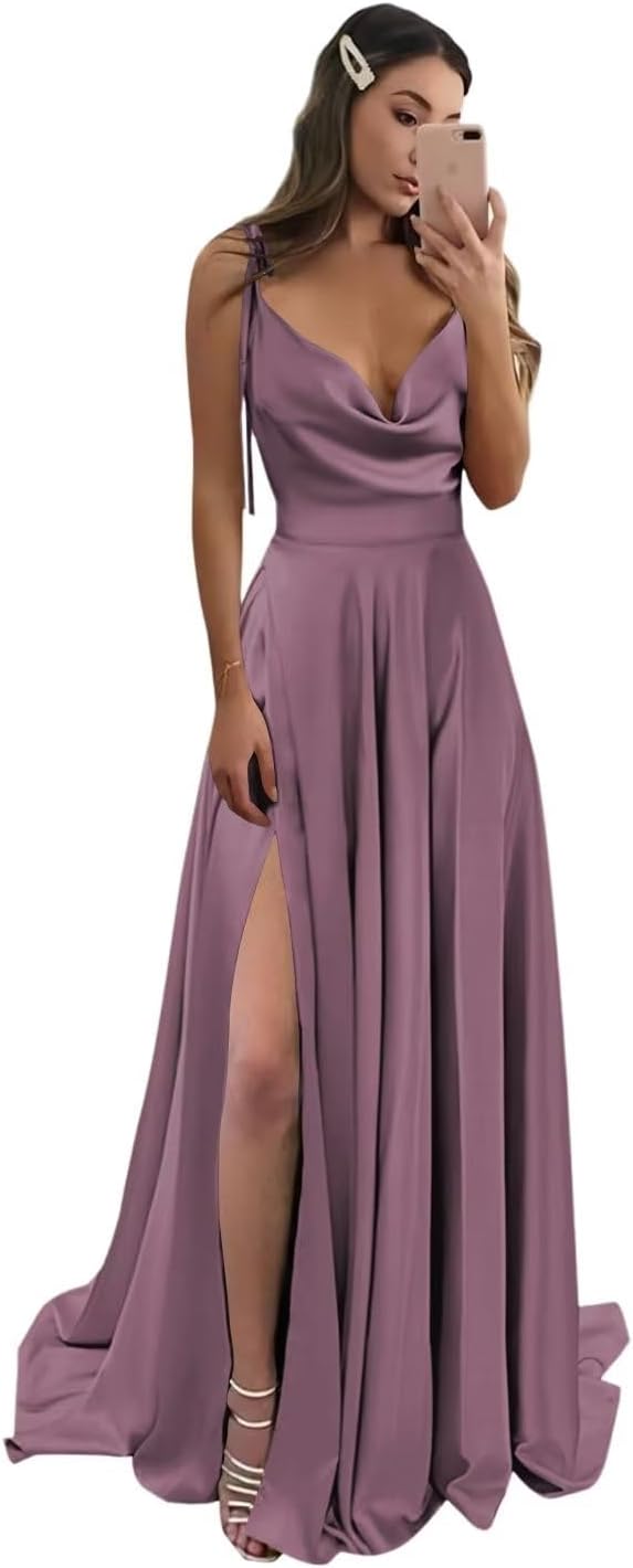 Vestidos de fiesta largos de satén con abertura alta para mujer, 2024, tirantes finos ajustables, vestidos de fiesta formales con bolsillos 