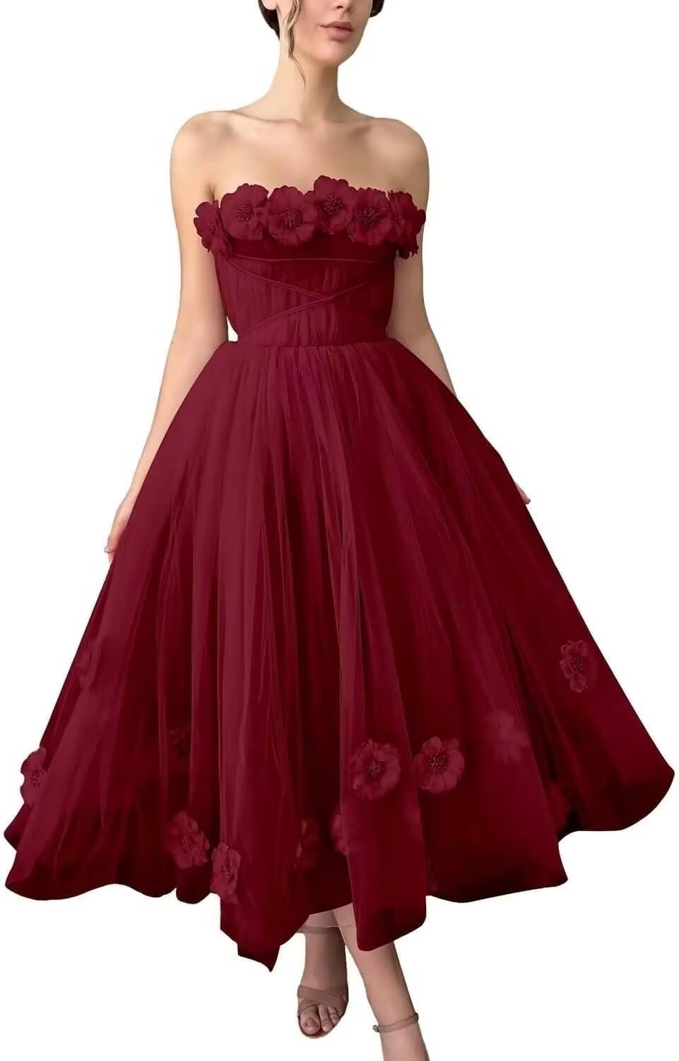 Women's 3D Flower Off Shoulder Tea Length Whimsical Prom Dress, A Line Strapless Tulle Formal Evening Party Gown