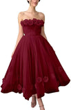 Women's 3D Flower Off Shoulder Tea Length Whimsical Prom Dress, A Line Strapless Tulle Formal Evening Party Gown
