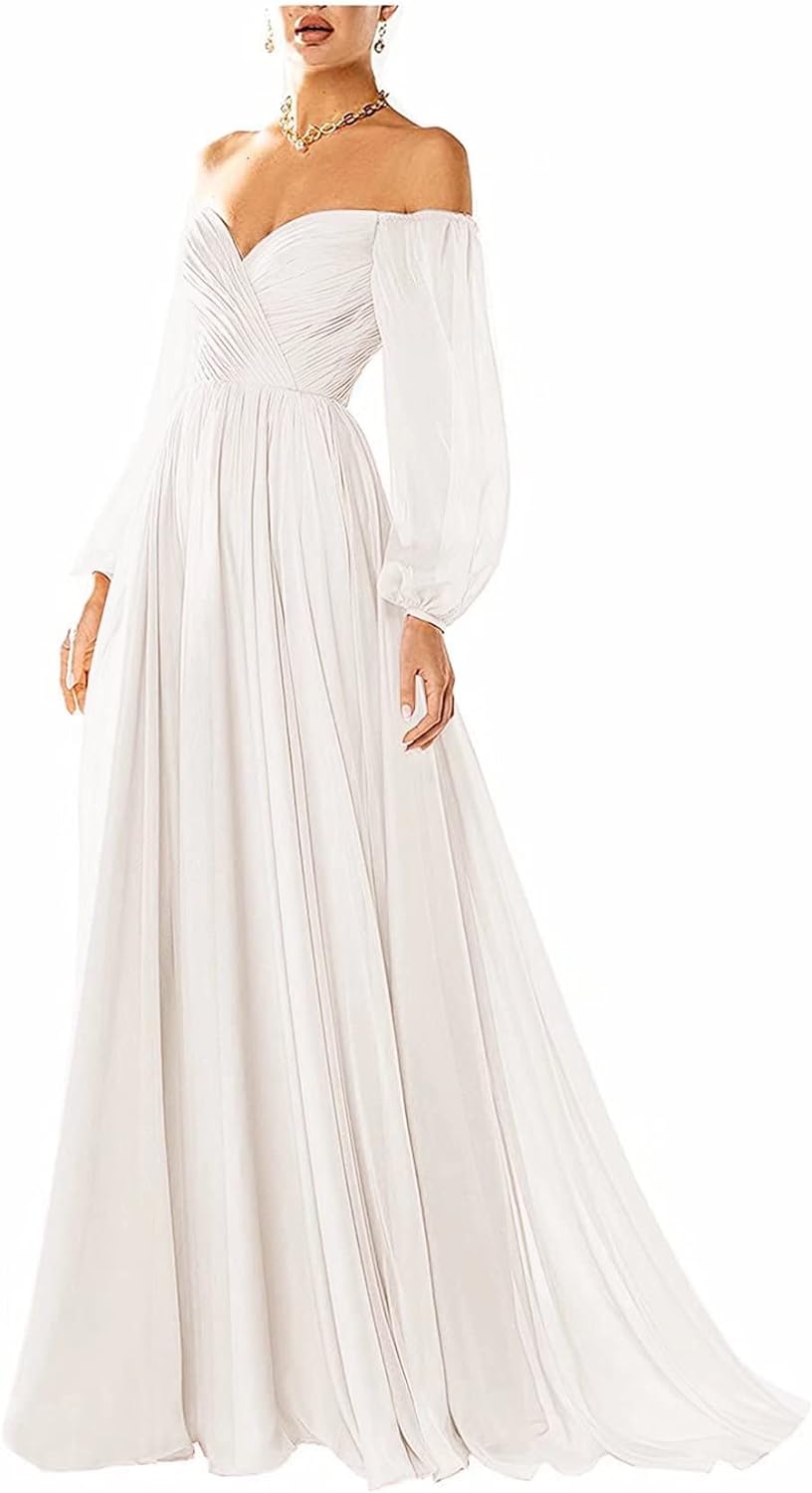 Vestido de fiesta con hombros descubiertos, manga larga, estilo formal, plisado, corte A, para mujer