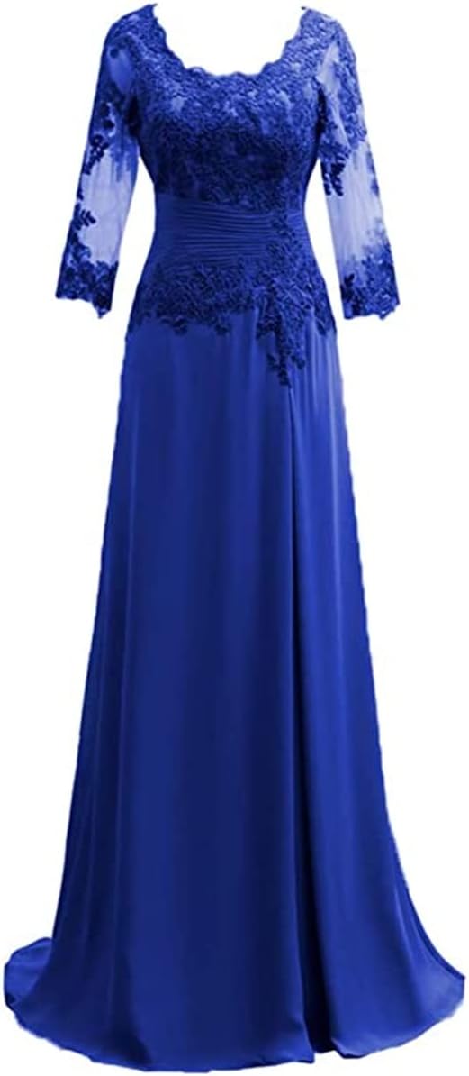 Women's Lace Appliqued Mother of The Bride Dresses 3/4 Sleeves Scoop Long Formal Evening Dress