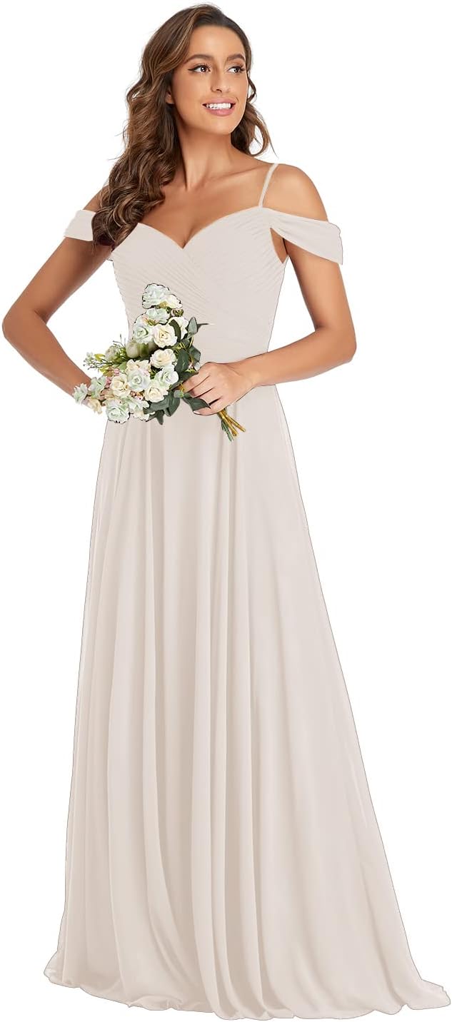 Off The Shoulder Chiffon Bridesmaid Dresses Long Spaghetti Straps A Line Formal Party Dress