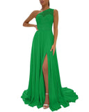 One Shoulder Chiffon Bridesmaid Dresses for Wedding 2026 Lace A-Line Slit Formal Evening Party Gown with Pockets